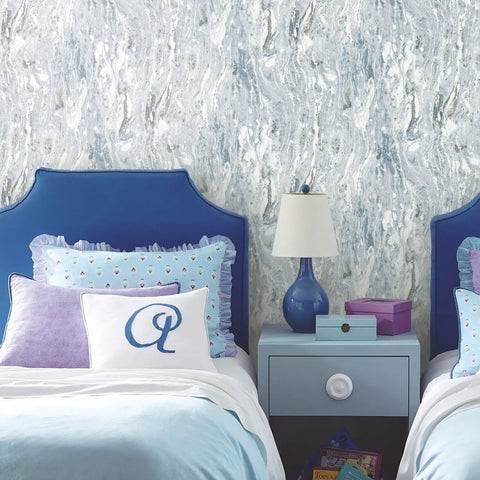 Marble Seas Metallic Blue Peel And Stick Wallpaper Roll Removable And Repositionable No Mess Twenty Inches Wide By Sixteen Point Five Feet Long in bedroom setting
