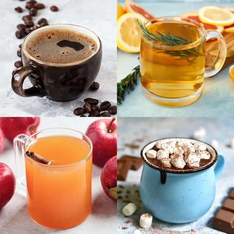 Four cups of beverages: coffee in a black mug, herbal tea with lemon and rosemary, apple juice with cinnamon, hot chocolate with marshmallows.