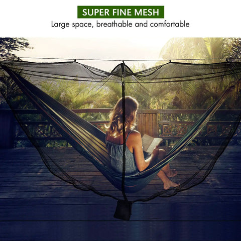 Person relaxing in hammock with Camping Hammock Net With 360 Degree Mosquito Protection, breathable mesh, on a wooden deck.