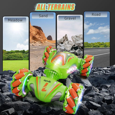 4WD Gesture Sensing RC Car for Kids on gravel with colorful wheels, suitable for various terrains including sand and road