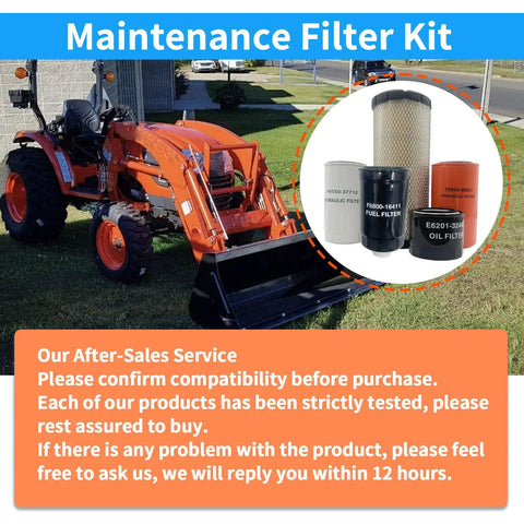 Must Have All In One Maintenance Filter Kit For Oil, Fuel, Air, Hydraulic And HST For Compact Tractors CK3510 HST CK4010 HST Replacement Parts E6201-32443 F6800-16411 HHTA0-37710 T5855-46531 displayed with tractor