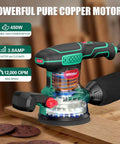 Heavy Duty 5 Inch Random Orbital Sander With 3.8 Amp 450W Motor And Variable Speed Up To 12000 Rpm close-up view of motor and handle.