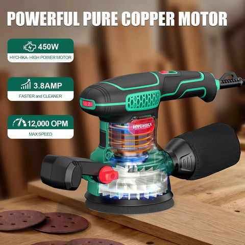 Heavy Duty 5 Inch Random Orbital Sander With 3.8 Amp 450W Motor And Variable Speed Up To 12000 Rpm close-up view of motor and handle.