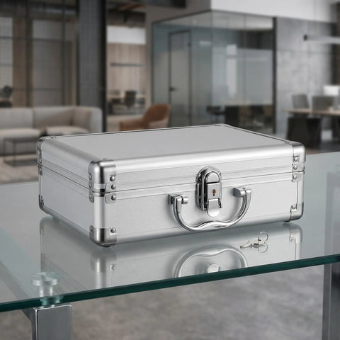 Premium Aluminum Alloy Tool Box with Foam Interior and Sturdy Handle for Safe Transit and Organized Storage of Tools or Valuable Items Travel Friendly Hard Shell Container that Keeps Your Gear Lock Tight on glass table.
