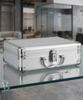 Tough As Nails Lockable Aluminum Alloy Toolbox With Shock Absorbing Foam Insert Portable Hard Storage Case For Crews On The Road Built Different To Keep Your Gear Locked Tight Daily on glass table with key.