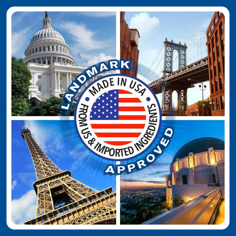 Collage featuring landmarks like Capitol, Brooklyn Bridge, Eiffel Tower, and Griffith Observatory with 'Made in USA' badge.