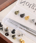 Six Pack Of Solid Brass Ball Stud Rivets For Leather Goods And Bags Hella Durable Metal Buttons For Diy Apparel Mods And Dope Rugged Style Upgrades For All Your Gear in assorted colors with a tool.