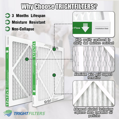 12X12X1 Air Filter 6 Pack MERV 8 Pleated Replacement emphasized moisture resistance, sturdy cardboard, and advanced pleated design