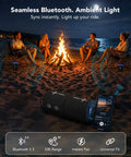 Badass Two In One Split Magnetic Bluetooth Speaker Packing Crushing Stereo Bass And Wireless Portability For Golf Carts Trucks And RVs, with ambient light by a campfire.