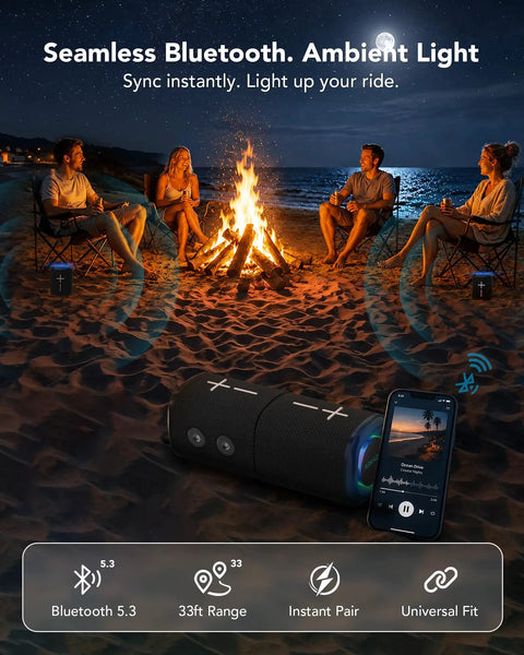 Badass Two In One Split Magnetic Bluetooth Speaker Packing Crushing Stereo Bass And Wireless Portability For Golf Carts Trucks And RVs, with ambient light by a campfire.