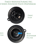 Front and back view of X-Series Solenoid Valve Diaphragm with mesh filter, compatible with One And A Half Inch Inline Electric Solenoid.