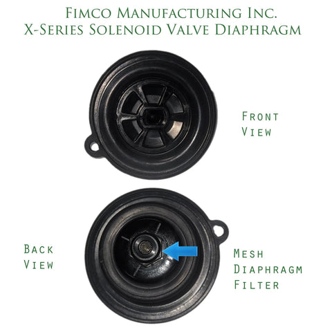 Front and back view of X-Series Solenoid Valve Diaphragm with mesh filter, compatible with One And A Half Inch Inline Electric Solenoid.