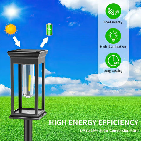Outdoor Solar Pathway Lights Six Pack Waterproof LED Filament Lamps For Garden Walkways showing solar efficiency features