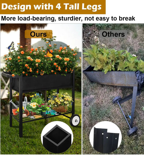 Raised Garden Bed On Wheels With Legs 31 Inch Elevated Outdoor Planter Cart For Vegetables Flowers Tomatoes Herbs Ergonomic Design Movable Garden Bed With Heavy Duty Handle Black shown with flowers and lower shelf.