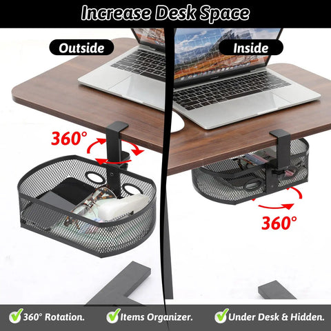 Under Desk Storage Drawer Organizer With Clamp On Mount 360 Degree Rotating Hanging Tray Basket for Home Office Space