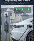 32A Level 2 EV Charger 240V 7.68kW Portable With 21ft Cable Adjustable Current And Delay SAE J1772 Compatible in use outdoors in rain