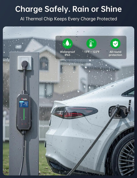 32A Level 2 EV Charger 240V 7.68kW Portable With 21ft Cable Adjustable Current And Delay SAE J1772 Compatible in use outdoors in rain