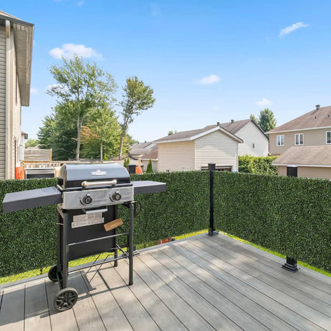 Outdoor patio with grill, surrounded by 12 Pack 10 By 10 Inch Boxwood Panels Artificial Grass Wall Backdrop For Indoor Outdoor Gardens Fences And Backyards Dope Easy Snap Together Greenery Screens For Photo Backdrops Events Hospitality And Diy Fence Decor.