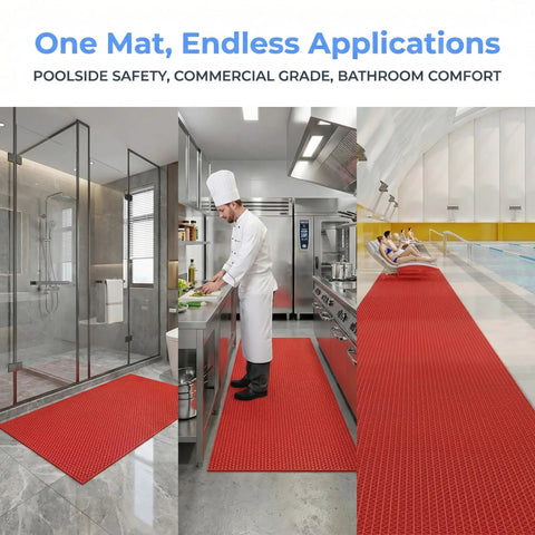 Game Changer Non Slip Drainage Flooring Rolls Custom Trim Down To Fit Pool Bathroom Garage Spa Warehouse Durable Water Resilient PVC Mats Thick Anti Fatigue Heavy Duty Commercial Grade Smooth Surface in kitchen and pool settings.