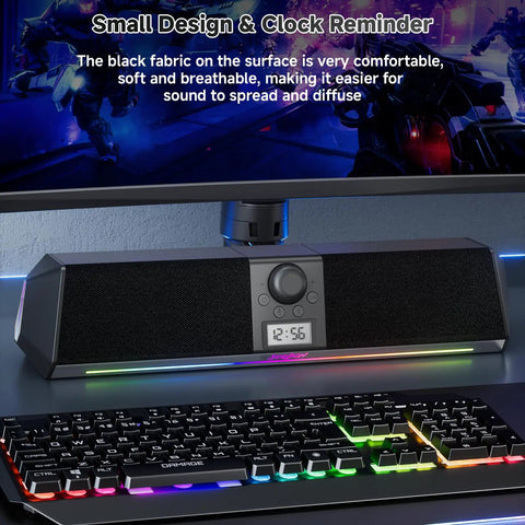 Bluetooth Computer Speakers Soundbar With Digital Clock Display, USB Plug And Play, shown under monitor with LED lights