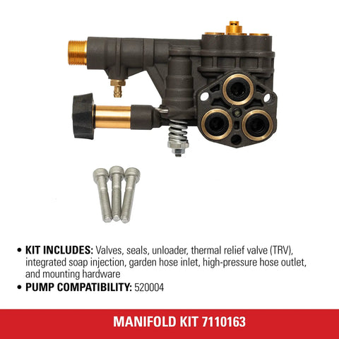 Manifold Replacement Kit For OEM Technologies 520004 Axial Cam Pressure Washer Pump 7110163 with included hardware