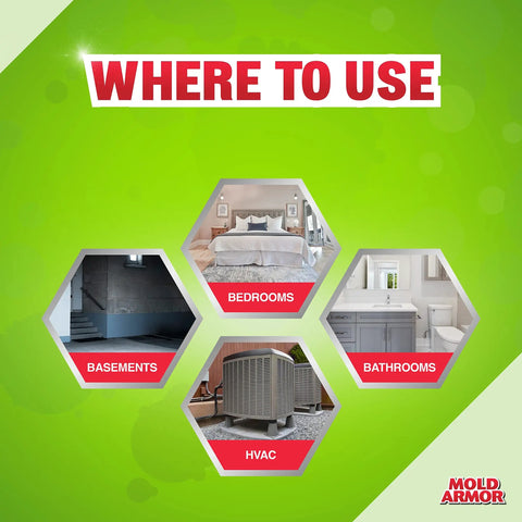 Image showing areas for DIY Mold Test Kit For Home And Outdoor Use: bedrooms, basements, bathrooms, HVAC on green background.
