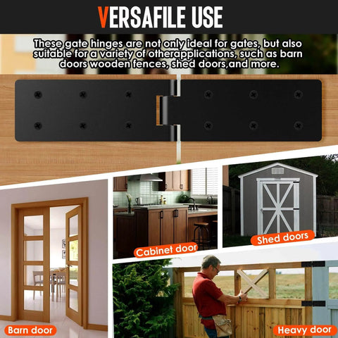 Heavy Duty Gate Hinges 2 Pack Black 270 Degree Adjustable Butt Hinge Thickened Folding Door Hinges shown with various applications like barn and shed doors