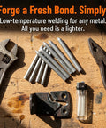 Low Temp Aluminum Welding Rods Flux Core Set 30 Piece DIY Repair Kit on wooden surface with tools and lighter.