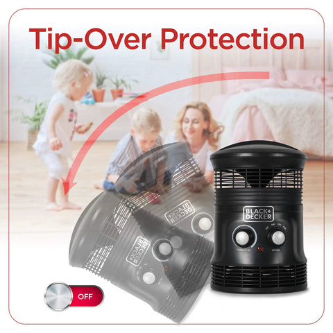 360 Degree Surround Desk Heater And Fan For Office And Home Use Two Heat And Fan Modes Adjustable Thermostat Compact Personal Space Heater with tip-over protection feature shown in living room.