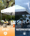 10x10 Pop Up Canopy With Center Lock One Push Setup under sun and rain, UPF 50+ and water-resistant features shown