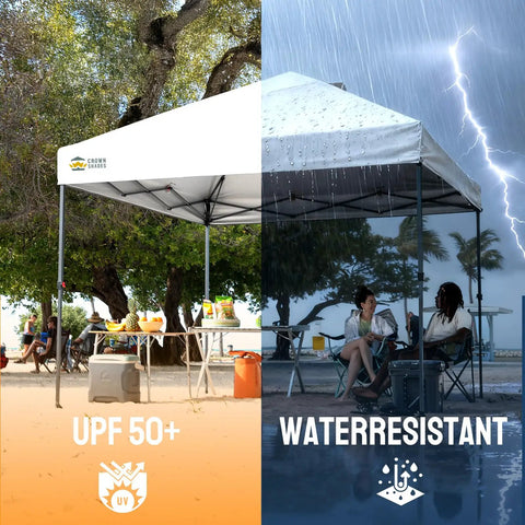 10x10 Pop Up Canopy With Center Lock One Push Setup under sun and rain, UPF 50+ and water-resistant features shown