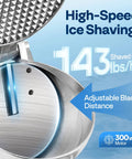 Heavy Duty Electric Ice Shaver And Snow Cone Maker Machine With Killer Blade Adjustments and Solid Ice Pick dishing out 143 lbs/hr of shaved ice.