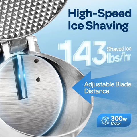 Heavy Duty Electric Ice Shaver And Snow Cone Maker Machine With Killer Blade Adjustments and Solid Ice Pick dishing out 143 lbs/hr of shaved ice.