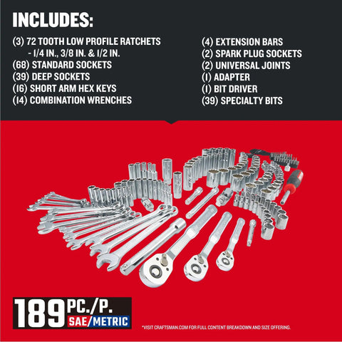 Pro Grade Mechanics Tool Set 189 Piece With One Quarter Inch Three Eighths Inch And One Half Inch Drive Sockets Wrenches