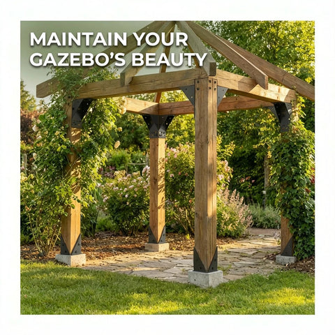 Gazebo supported by Eight Piece Post Base Pergola Bracket Kit Inner Size 3.5 Inch By 3.5 Inch Heavy Duty Black Powder Coated Steel 2.0 Mm Thick