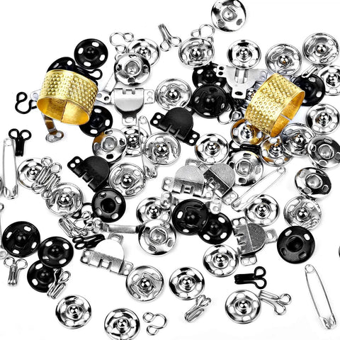 112 Pairs Sewing Hooks And Eyes Closure Kit For Pro Grade DIY Fashion Projects with thimbles, snaps, and safety pins.