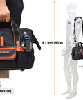 13-Inch Pro-Grade Tool Carrier For Electricians And HVAC Techs Compact 32-Pocket Organizer With Easy-Access Pop-Up Mouth shown hand and shoulder carrying