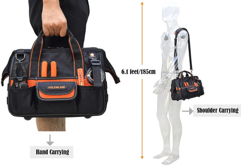 13-Inch Pro-Grade Tool Carrier For Electricians And HVAC Techs Compact 32-Pocket Organizer With Easy-Access Pop-Up Mouth shown hand and shoulder carrying