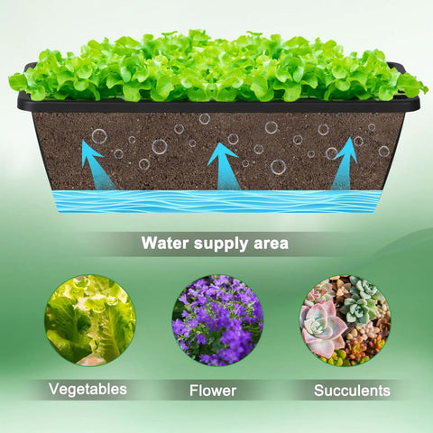 Cross-section of Six Pack Railing Planter Boxes With Adjustable Brackets Black 17 Inch Deck Rail Planters with water supply area