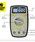 Front view of 500 Volt Digital Multimeter with Backlit LCD Display showing labeled controls for automotive and home electrical testing