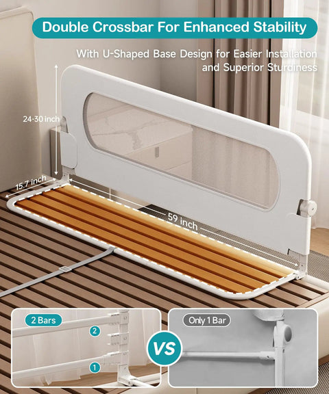 Ultra Sturdy Toddler Bed Rail Guard With U Shaped Base And Double Crossbar For Superior Stability Height Adjustable And Foldable Fits Full Size Queen King And Twin Beds White 47 Inch over mattress with size details displayed