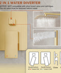 Front view of brushed gold HoliSpa shower system: wall-mounted valve and trim with a 10-inch rain showerhead and handheld spray.