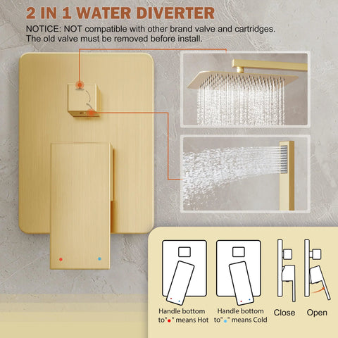 Front view of brushed gold HoliSpa shower system: wall-mounted valve and trim with a 10-inch rain showerhead and handheld spray.