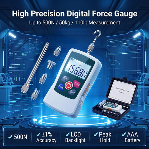 Beefy 500N Digital Force Gauge With Real Time, Peak And First Peak Modes For Tension And Compression Testing, Backlit LCD Screen, Four Units N Kg Lb Oz, High Precision Inner Sensor, Easy Trigger Pull For DIY, Lab Or Workshop. Digital force gauge kit with probes and case