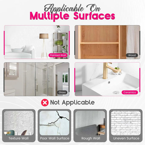 Image showing Totally Dope Pink Bow Adhesive Wall Hooks With Heavy Duty Grip Strips on various surfaces: painted wall, wood, glass, and ceramics.