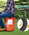 Person sitting on No Sweat Snap On Portable Toilet Seat For 5 Gallon Buckets, featuring a widened seat on a camping bucket.