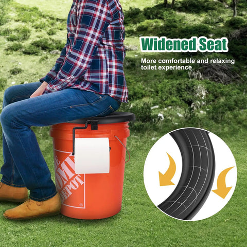 Person sitting on No Sweat Snap On Portable Toilet Seat For 5 Gallon Buckets, featuring a widened seat on a camping bucket.