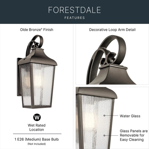 Forestdale 14.75 Inch One Light Outdoor Wall Lantern With Clear Seeded Glass In Olde Bronze Finish, decorative loop arm detail