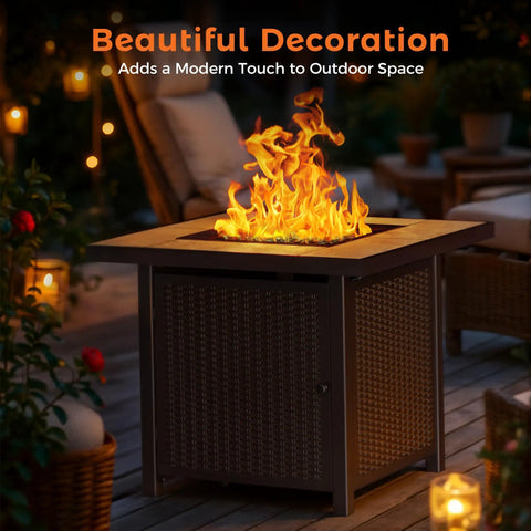 Propane Gas Fire Pit Table 32 Inch Square Outdoor Patio Brown with 50,000 BTU Stainless Steel Burner and Glass Stones