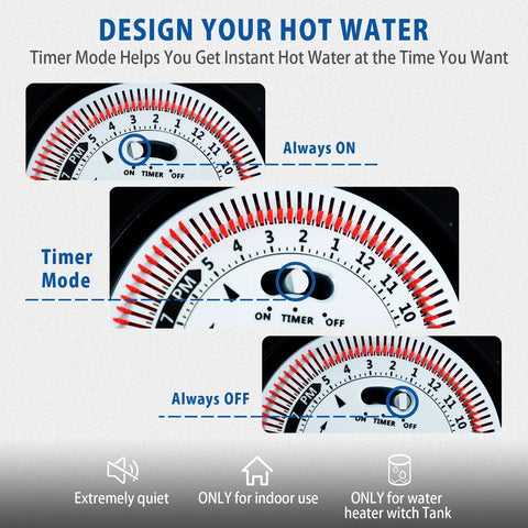Timer control interface for Instant Hot Water Recirculating Pump With Smart Timer Control And Heavy Duty Stainless Steel Head For Tank Water Heaters Easy Hook Up And Smooth Household Hot Water Circulation System Setup.